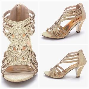 🩵NWOB Gold Rhinestone Zippered Open Toe Heels Size 8